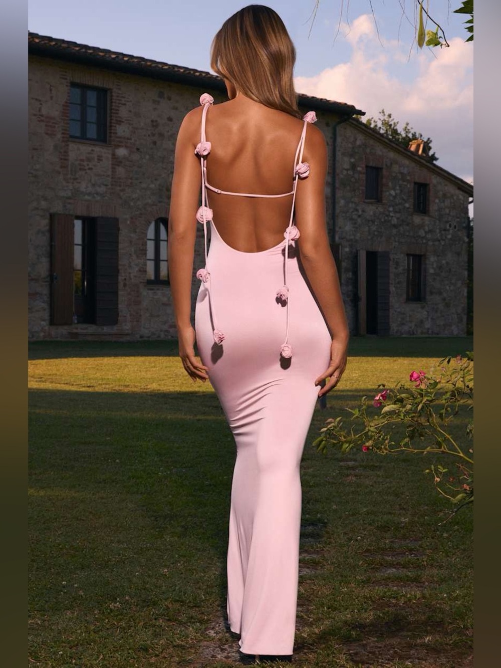 Oh Polly Blush Pink Maxi Dress Rose Strap Backless Bodycon NWT XS